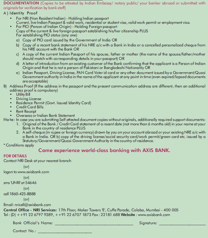 Axis Bank PIS account checklist